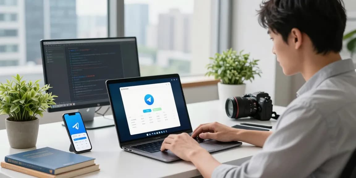 Set up Telegram Chinese language interface in a modern tech workspace environment with a laptop and city view.