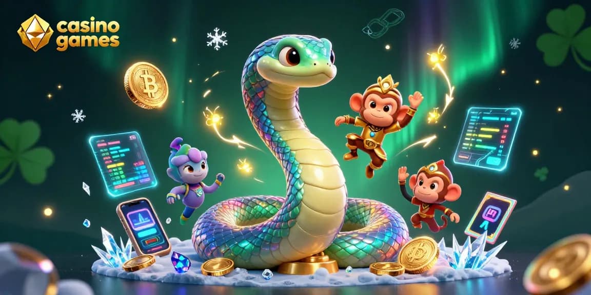 Engage with exciting casino games featuring a vibrant rainbow serpent and a golden monkey king amidst dazzling crypto elements.