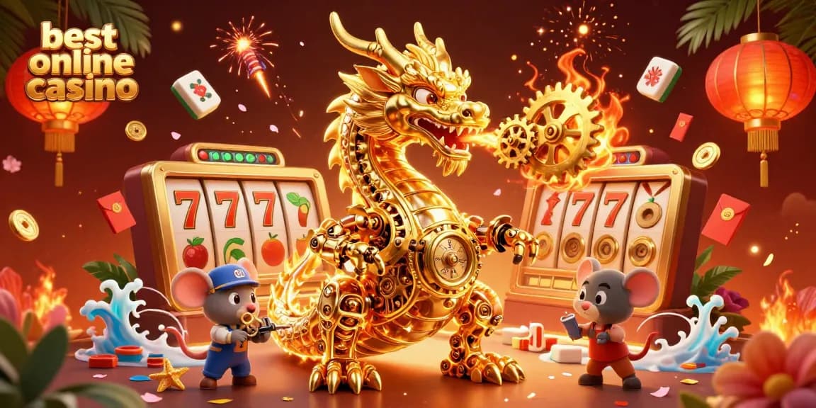 Experience the excitement of the best online casino with a vibrant scene featuring a golden dragon and dynamic game elements.