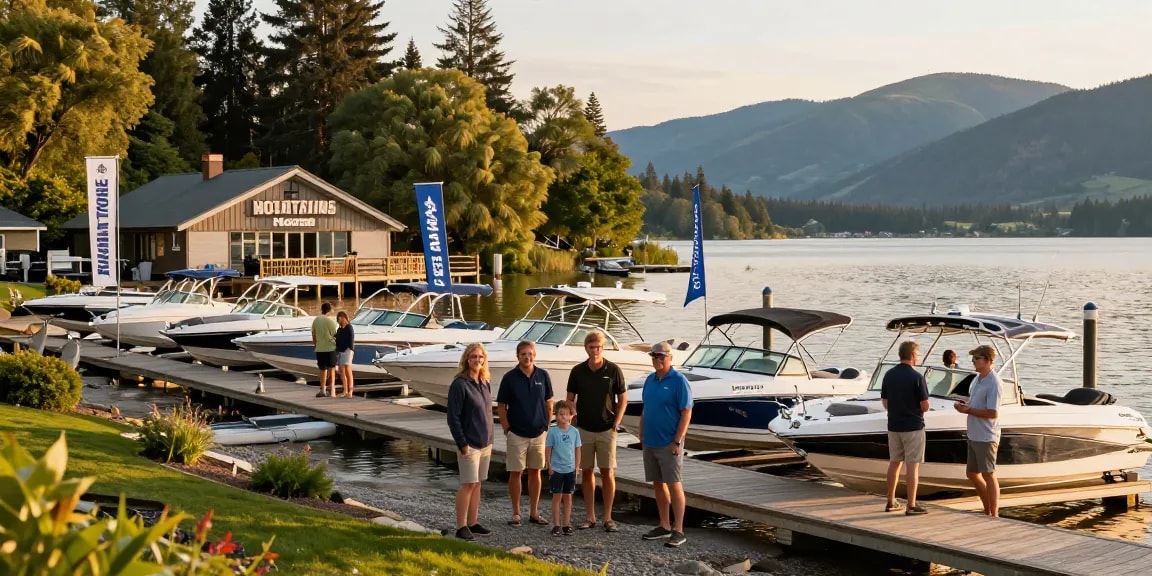 Boat dealer team at Mountain Trout House Marina showcasing boats at sunset.