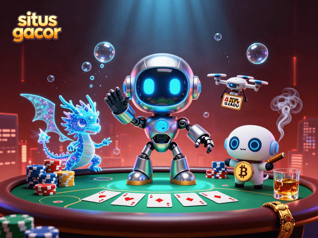 Engage with situs gacor through a captivating 3D illustration showcasing vibrant casino elements and characters.