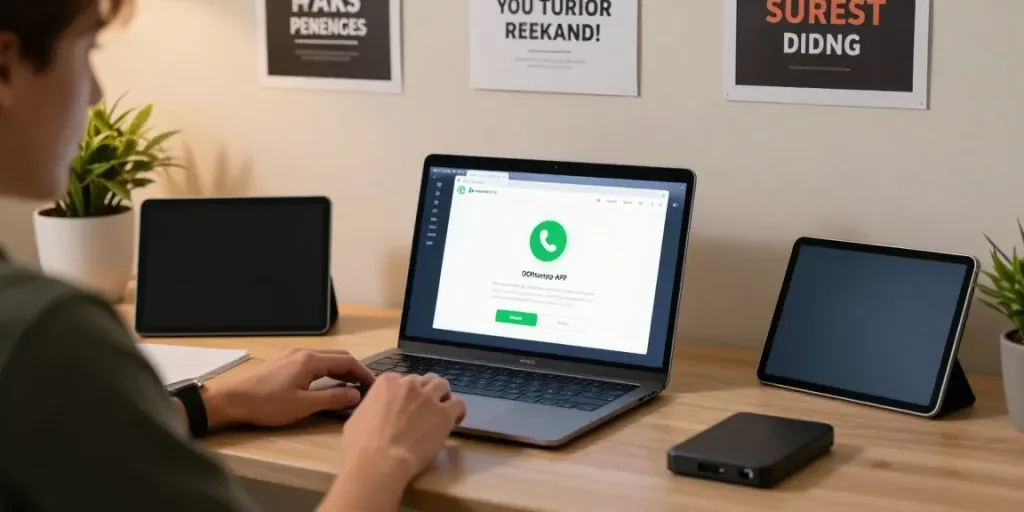 Download OG WhatsApp APK on a laptop in a stylish home office.