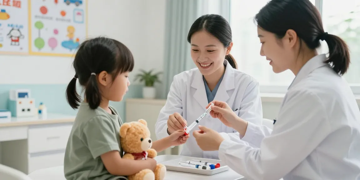 Healthcare professional using a safety syringe on a child in a friendly clinical setting.