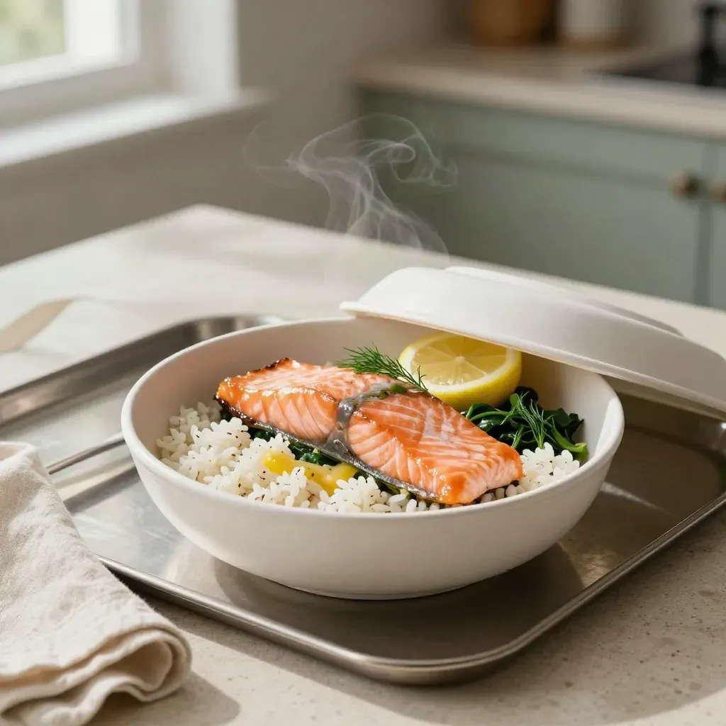 Salmon rice bowl with greens, lemon, dill and tray lid on a pale stone counter in soft daylight