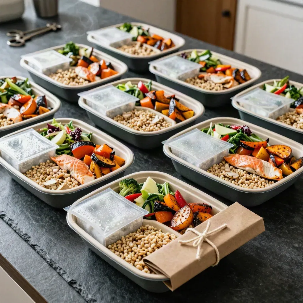 Eight meal trays with cold packs and paper sleeve on a charcoal counter.