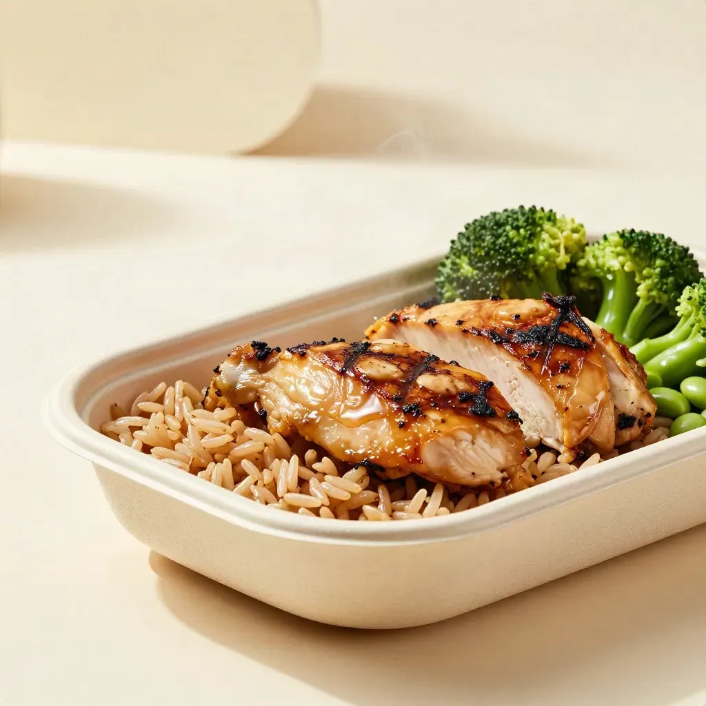 Chicken power bowl with grilled chicken, rice, broccoli, and edamame in a cream tray.
