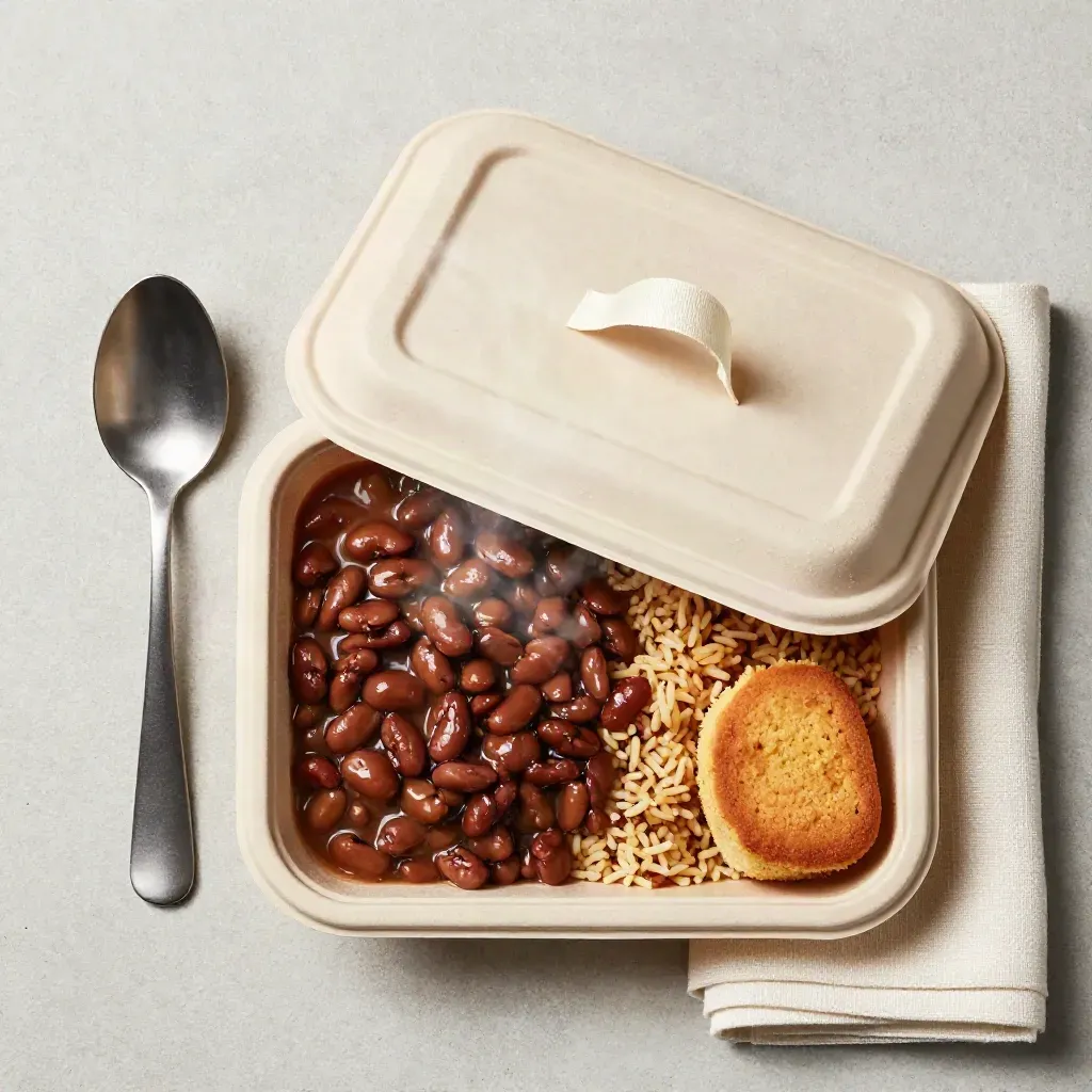 Top-down flatlay of turkey chili lunch tray with spoon, napkin, beans, rice and cornbread.