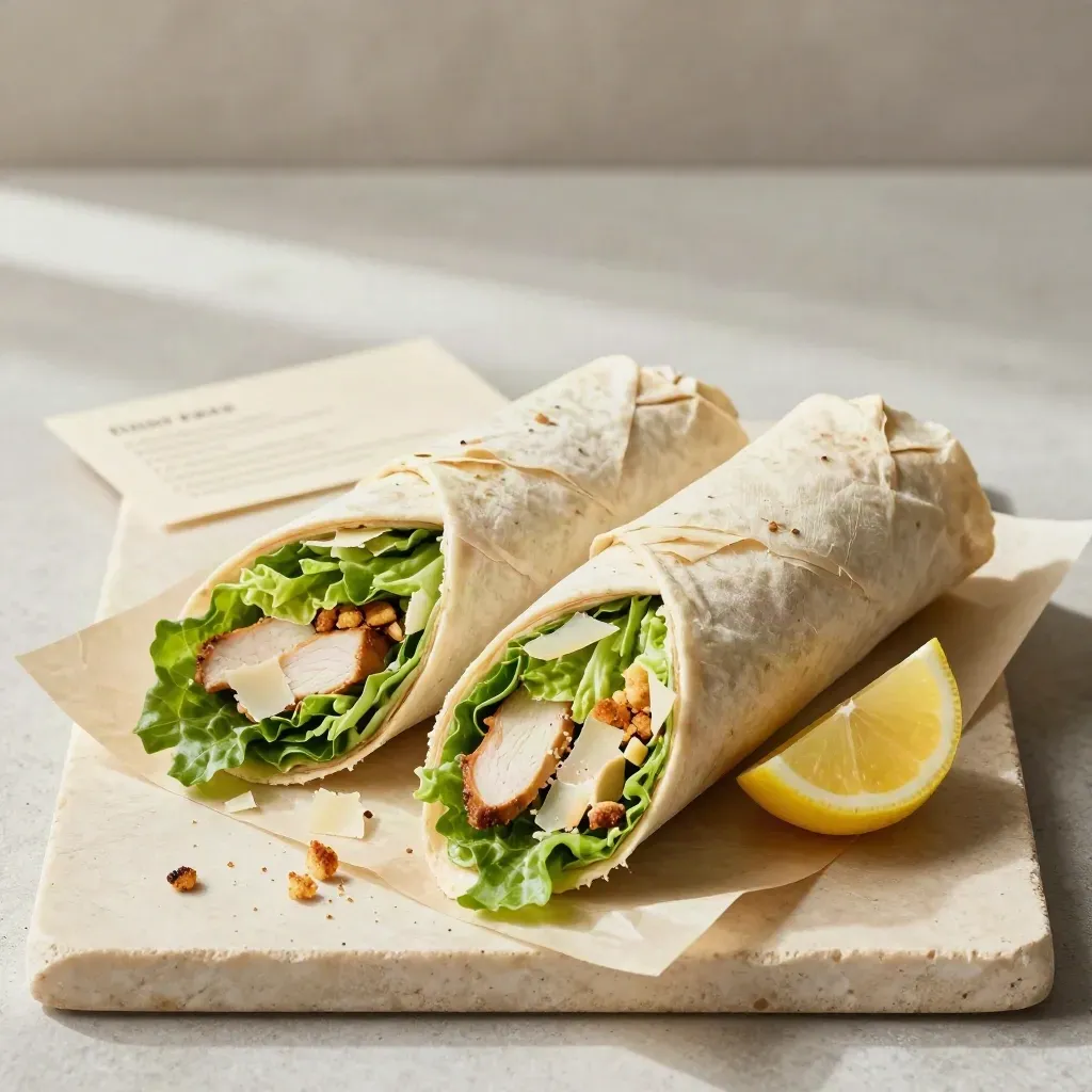 Overhead flatlay of sliced chicken Caesar wraps with lemon on parchment