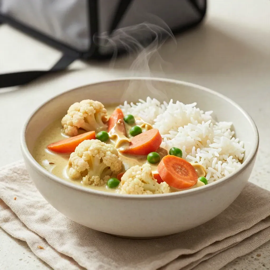 Veggie coconut curry bowl on travertine with rice, cauliflower, carrots and steam.
