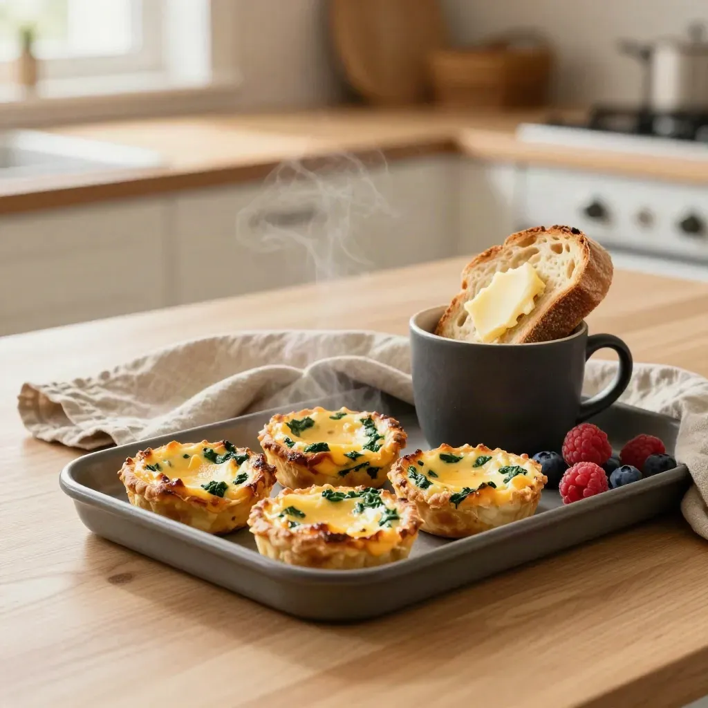 Egg bites with spinach and cheddar on a tray with berries, toast and a steaming cup on linen.