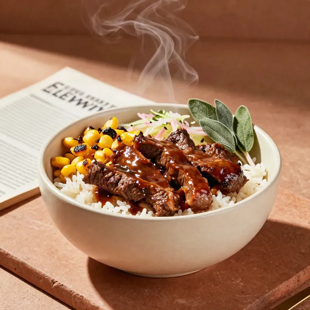 BBQ beef rice bowl with corn, slaw and steam on a terracotta surface, premium studio food hero.