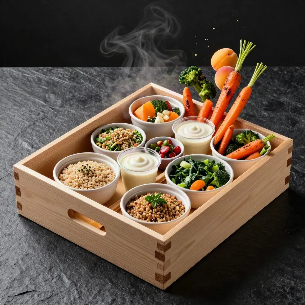 Open crate of ready-to-eat family meals, bowls and sides spilling diagonally on a dark studio surface.
