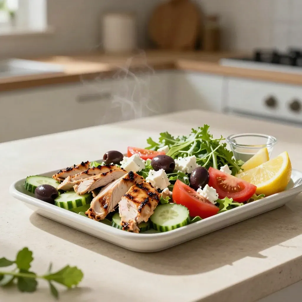 Greek chicken salad tray with feta, olives, cucumber, tomato, lemon and dressing cup