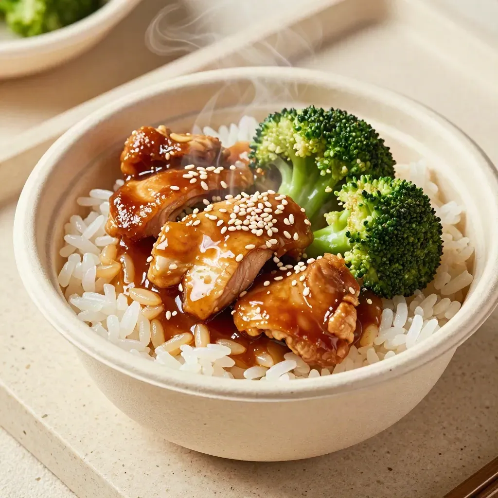 Top-down macro of a chicken teriyaki bowl with glossy chicken, rice, broccoli and steam.