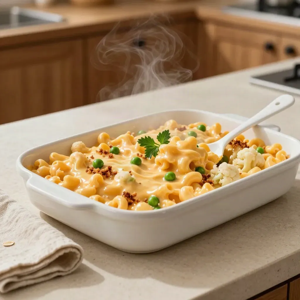 Creamy veggie mac and cheese family tray with peas, cauliflower, crumbs, spoon and steam.