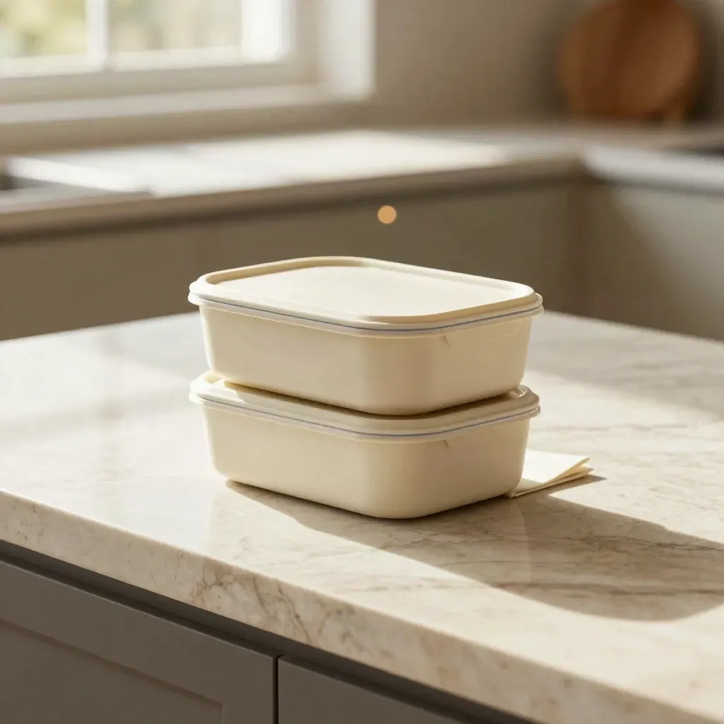 Cream lunch boxes on a pale marble island in soft morning light.