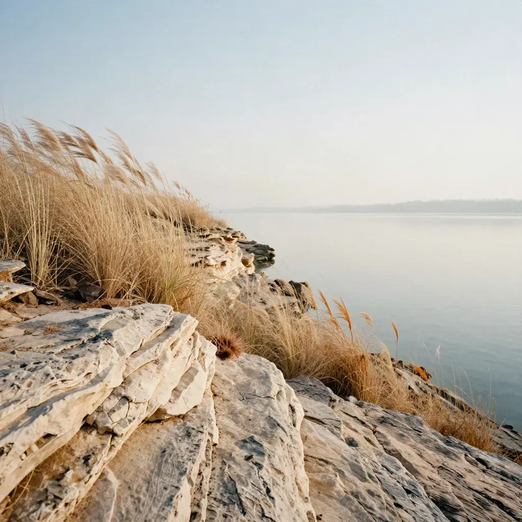 Windy lakeside ledge with pale stone, dry grasses, and open sky for low-carb meals