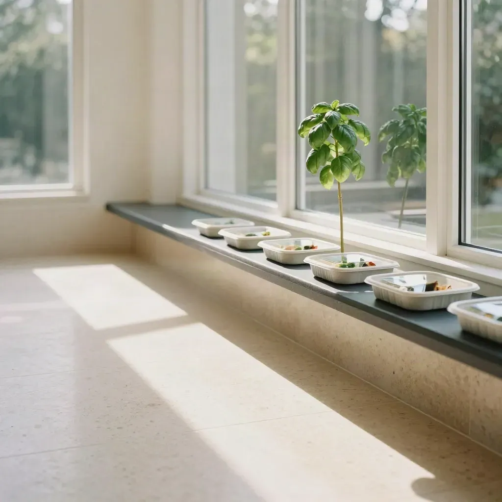 Sunlit atrium with pale tile, tall windows, and a leafy plant above a calm floor for copy.