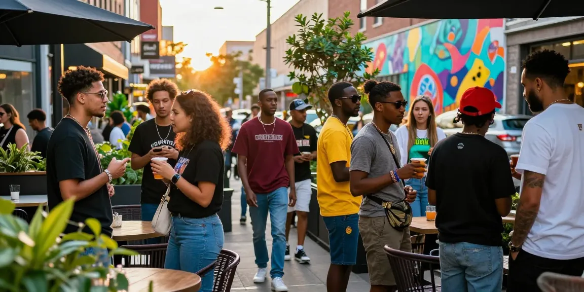 Group of young adults enjoying trendy streetwear at a café, embodying the vibe of rokok88.