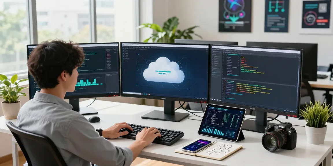 Developer coding in a modern workspace illustrating the WPS Official Website experience with tech gadgets and vibrant atmosphere.
