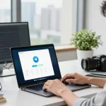 Set up Telegram Chinese language interface in a modern tech workspace environment with a laptop and city view.