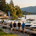 Boat dealer team at Mountain Trout House Marina showcasing boats at sunset.