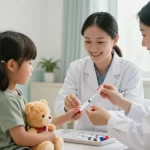 Healthcare professional using a safety syringe on a child in a friendly clinical setting.