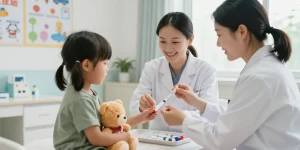 Healthcare professional using a safety syringe on a child in a friendly clinical setting.