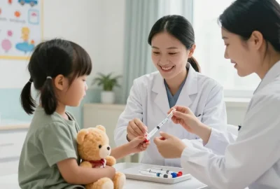 Healthcare professional using a safety syringe on a child in a friendly clinical setting.