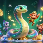 Engage with exciting casino games featuring a vibrant rainbow serpent and a golden monkey king amidst dazzling crypto elements.